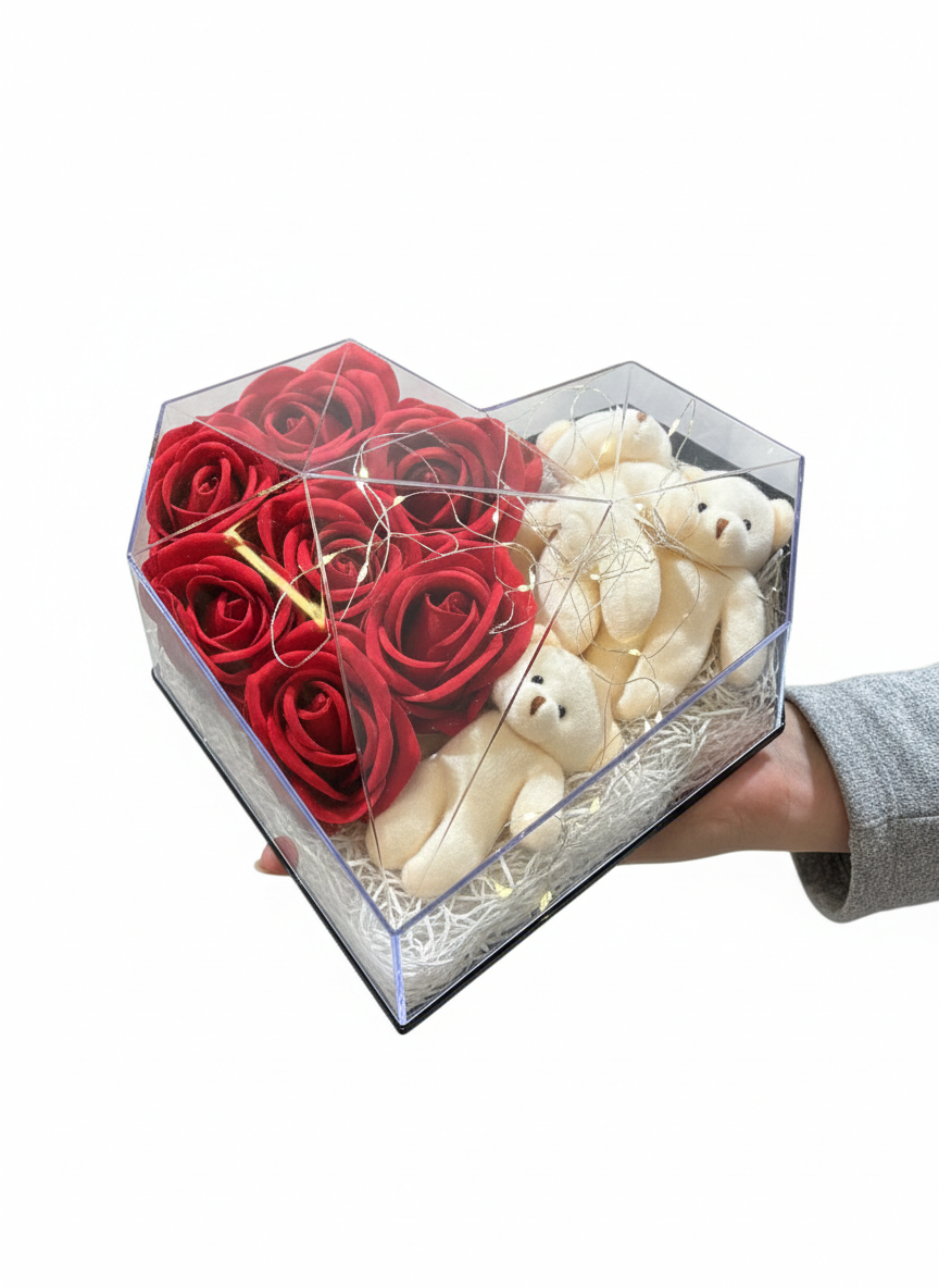 Kırmızı Ayıcıklı Gül Aranjmanı LED Işıklı Kalp Kutuda Romantik Hediye - görsel 3