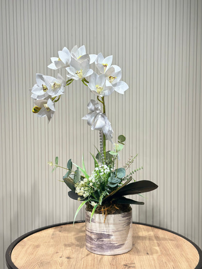 Tek Dal Simbidyum Beyaz Orkide | Seramik Vazoda Şık Yapay Çiçek Aranjmanı 🤍