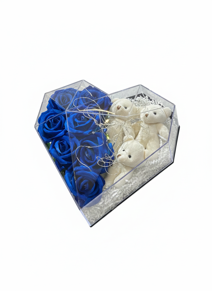 Premium Özel Tasarım Ayıcıklı Gül Aranjmanı - Mavi