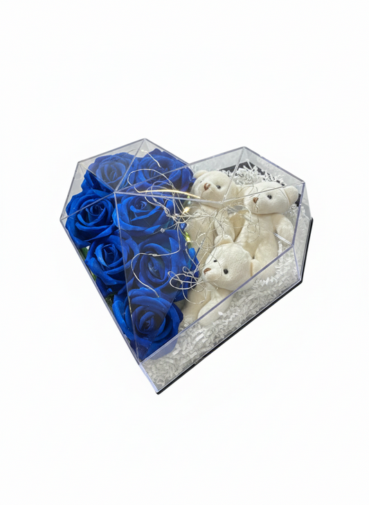 Premium Özel Tasarım Ayıcıklı Gül Aranjmanı - Mavi