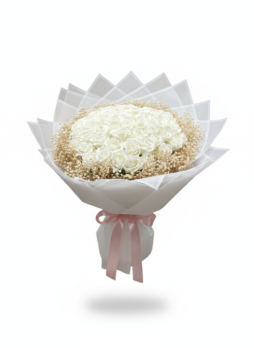50’li Beyaz Kokulu Sabun Gül Buketi | Zarif ve Kalıcı Hediye Seçeneği 🤍