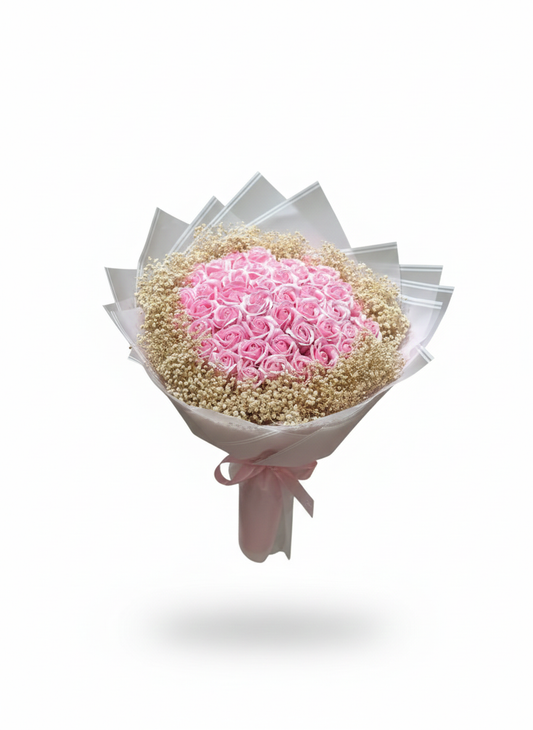 50’li Kokulu Pembe Sabun Gül Buketi | Pembe Tonlarda Kalıcı ve Zarif Hediye 🌷