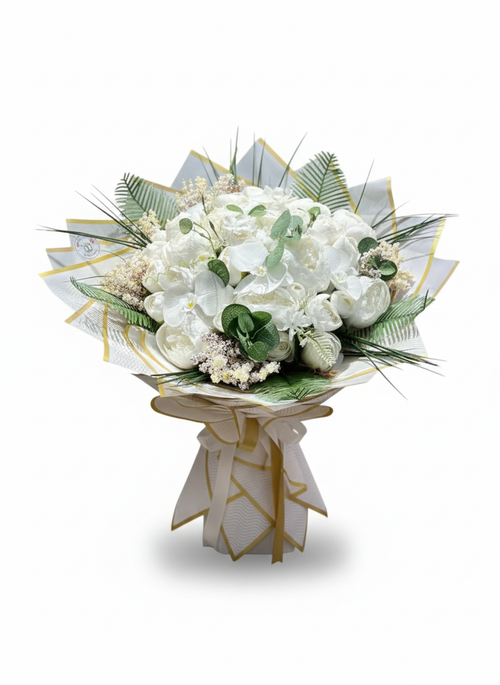 Beyaz Şakayık, Orkide ve Gül Buketi – Lüks ve Zarif Tasarım