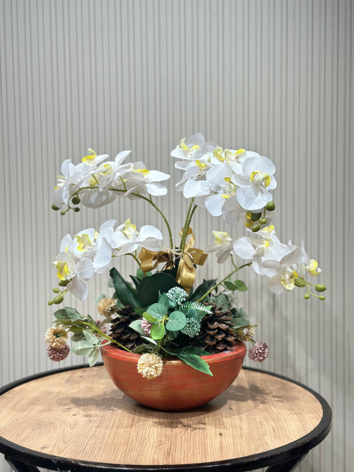 5 Dal Beyaz Orkide | Seramik Vazoda Lüks Yapay Çiçek Aranjmanı 🤍