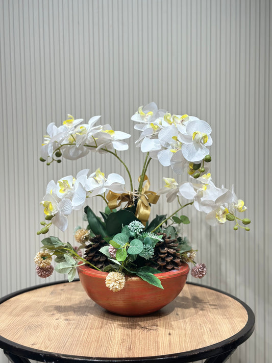 5 Dal Beyaz Orkide | Seramik Vazoda Lüks Yapay Çiçek Aranjmanı 🤍