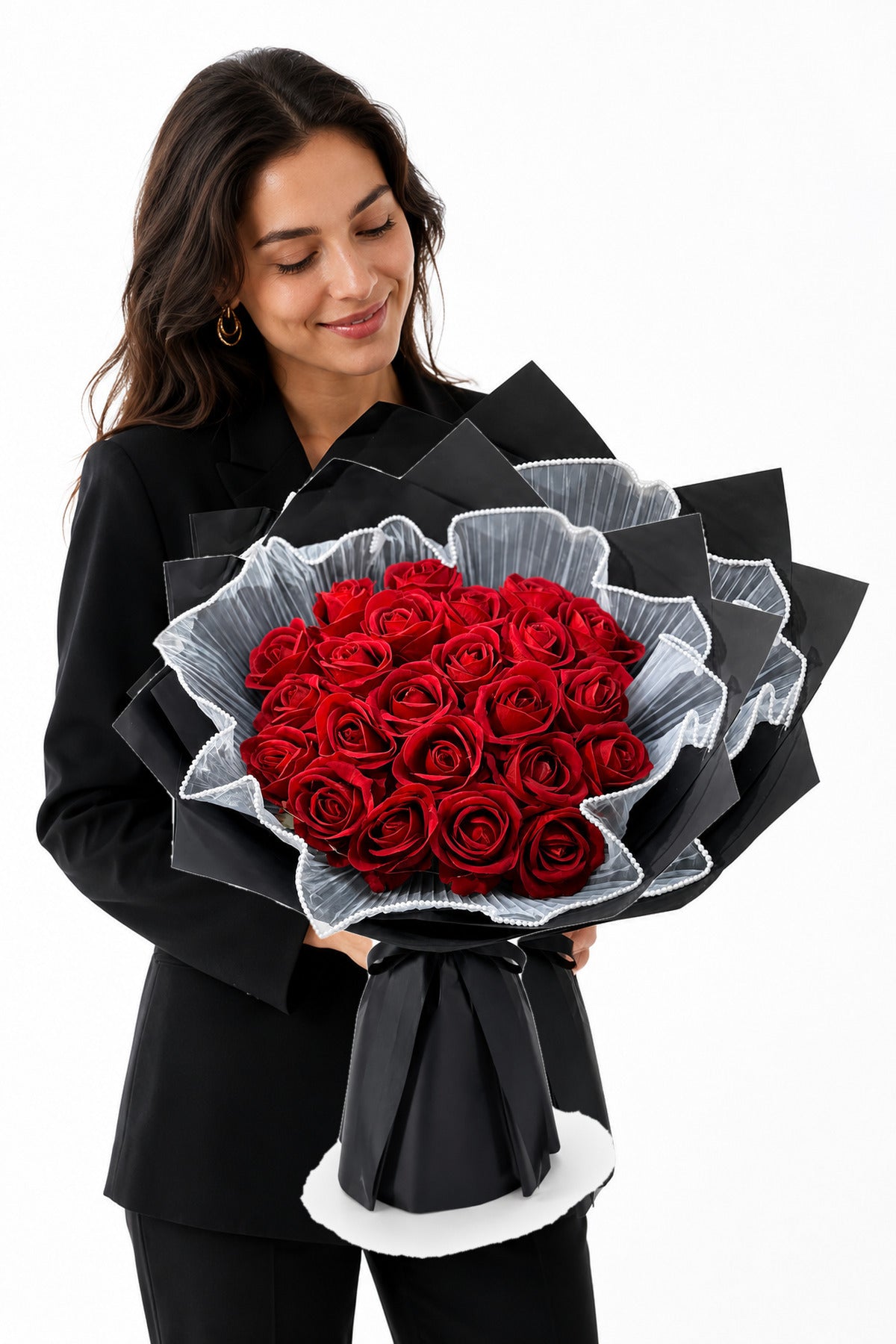 25 Kırmızı Yapay Gül Buketi Siyah Ambalajlı Sevgiliye Romantik Hediye - görsel 3