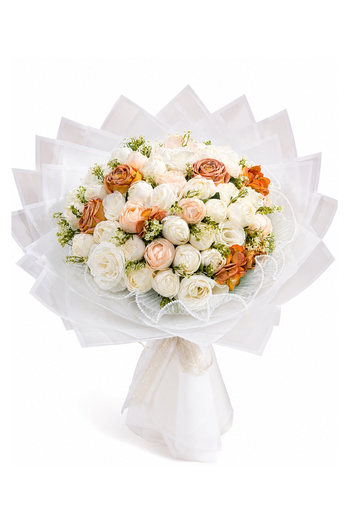 50 Adet Beyaz Şeftali Erengül Şakayık Yapay Çiçek Buketi Gold Ambalajlı Özel Gün Hediyesi Kalıcı Dekoratif - görsel 1
