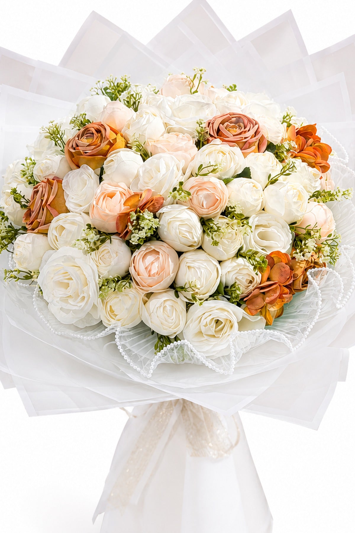 50 Adet Beyaz Şeftali Erengül Şakayık Yapay Çiçek Buketi Gold Ambalajlı Özel Gün Hediyesi Kalıcı Dekoratif - görsel 2
