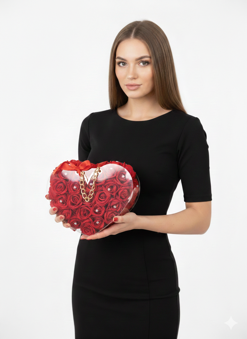 VIP Kırmızı Kadife Güllü Kalpli Çanta