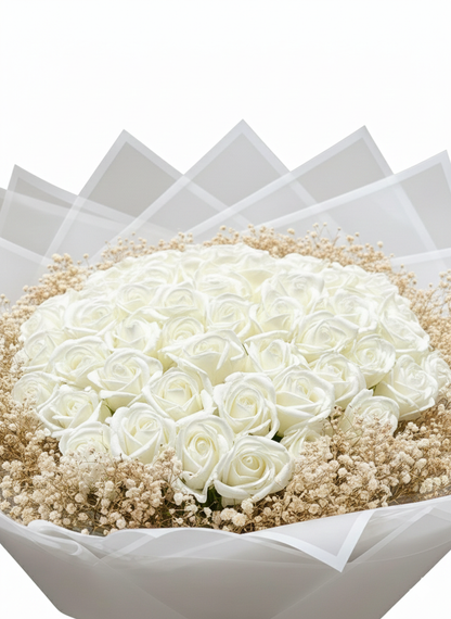 50’li Beyaz Kokulu Sabun Gül Buketi | Zarif ve Kalıcı Hediye Seçeneği 🤍
