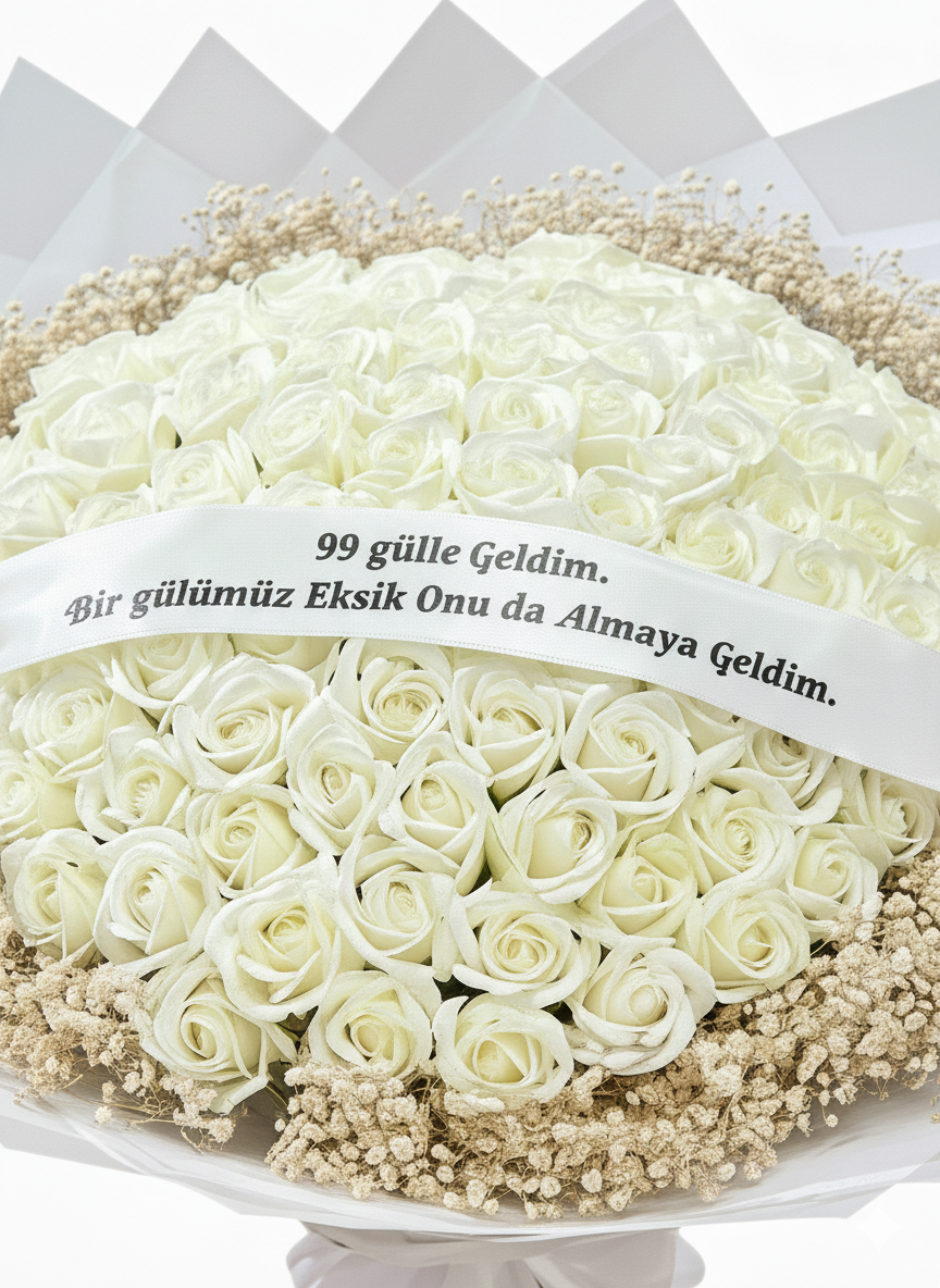 99 Beyaz Gül – “Bir Gülümüz Eksik, Onu da Almaya Geldim” Buketi