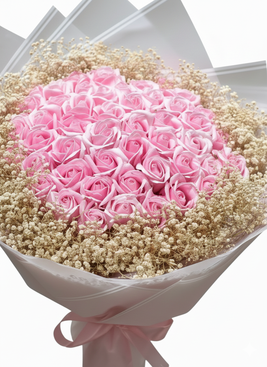 50’li Kokulu Pembe Sabun Gül Buketi | Pembe Tonlarda Kalıcı ve Zarif Hediye 🌷
