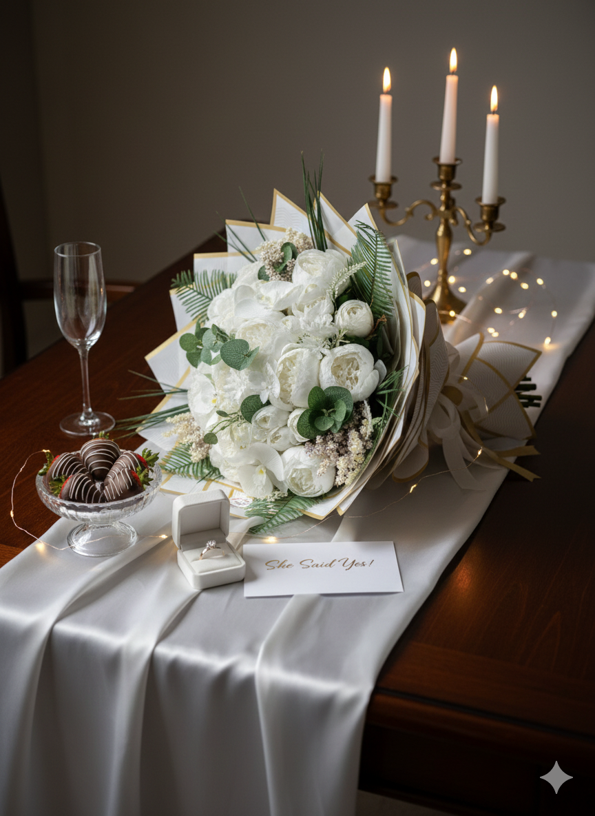 Beyaz Şakayık, Orkide ve Gül Buketi – Lüks ve Zarif Tasarım