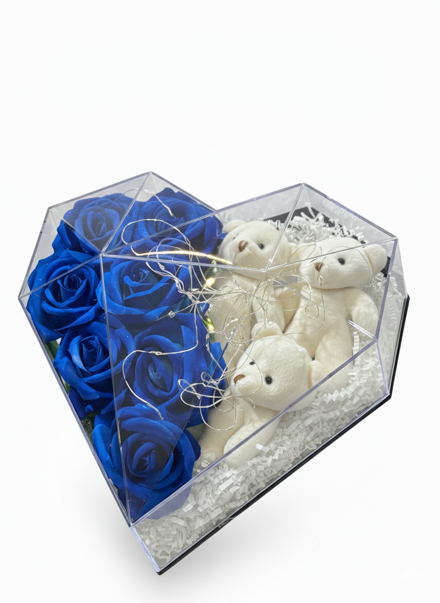 Premium Özel Tasarım Ayıcıklı Gül Aranjmanı - Mavi