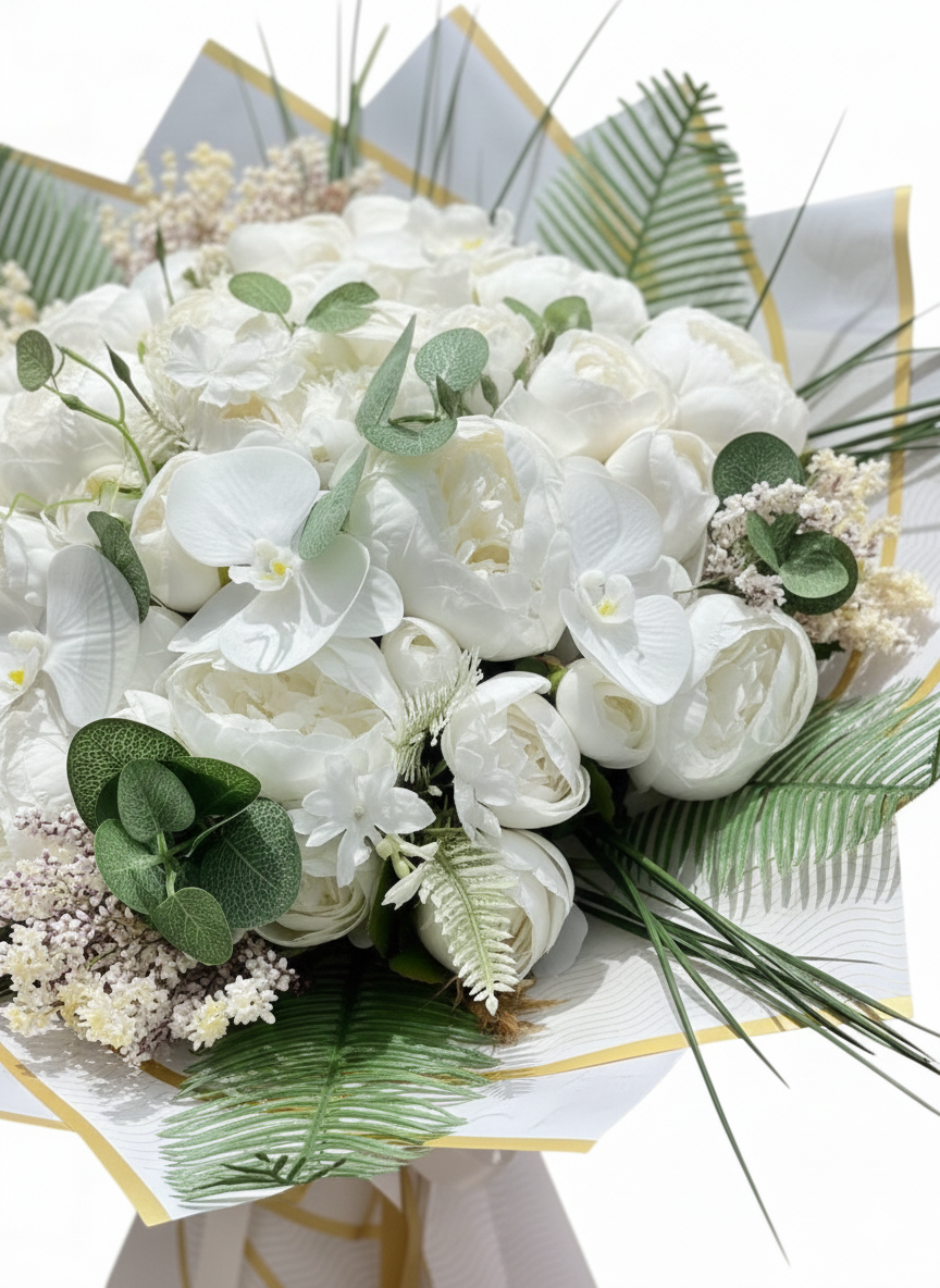 Beyaz Şakayık, Orkide ve Gül Buketi – Lüks ve Zarif Tasarım