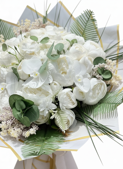 Beyaz Şakayık, Orkide ve Gül Buketi – Lüks ve Zarif Tasarım