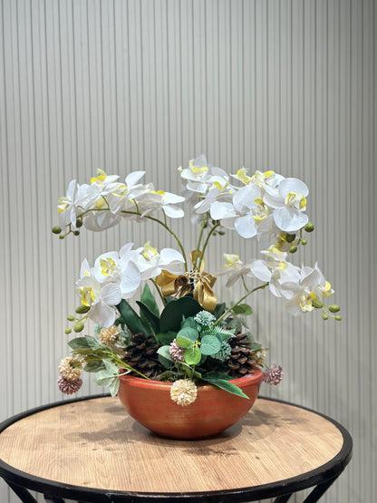 5 Dal Beyaz Orkide | Seramik Vazoda Lüks Yapay Çiçek Aranjmanı 🤍