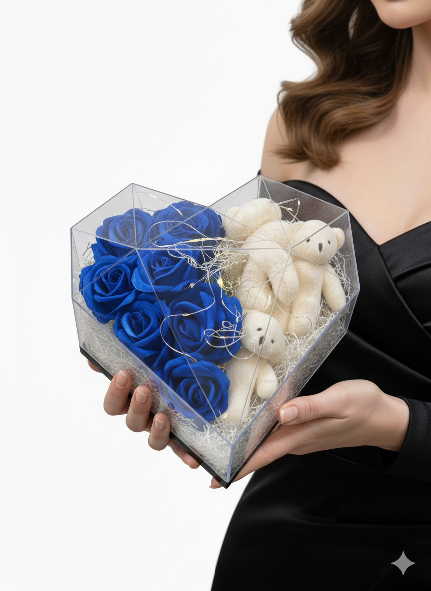 Premium Özel Tasarım Ayıcıklı Gül Aranjmanı - Mavi