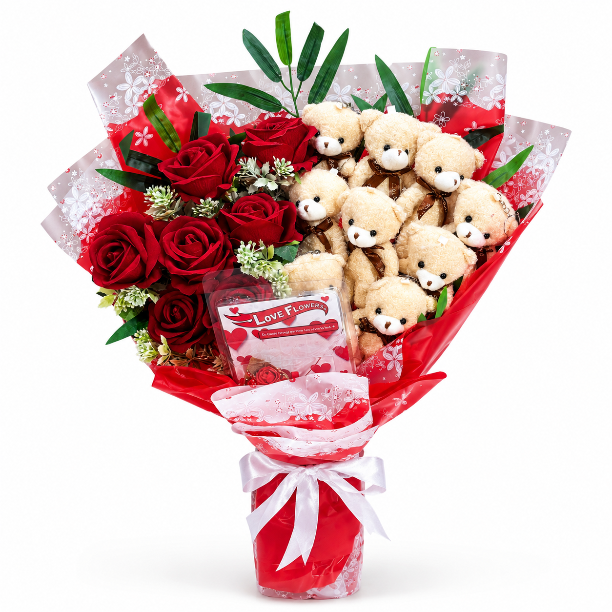 Premium Kırmızı Gül ve Sevimli Peluş Ayıcık Buketi