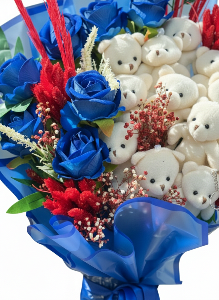 Sonsuz Aşkın Mavi Işıltısı Ayıcıklı Buket