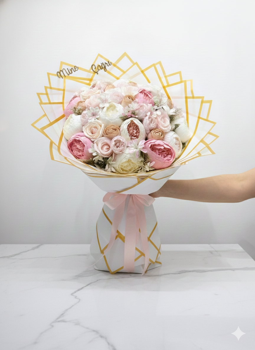 Romantik Şakayık & Gül Aranjmanlı Nişan Buketi ve Çikolata Seti