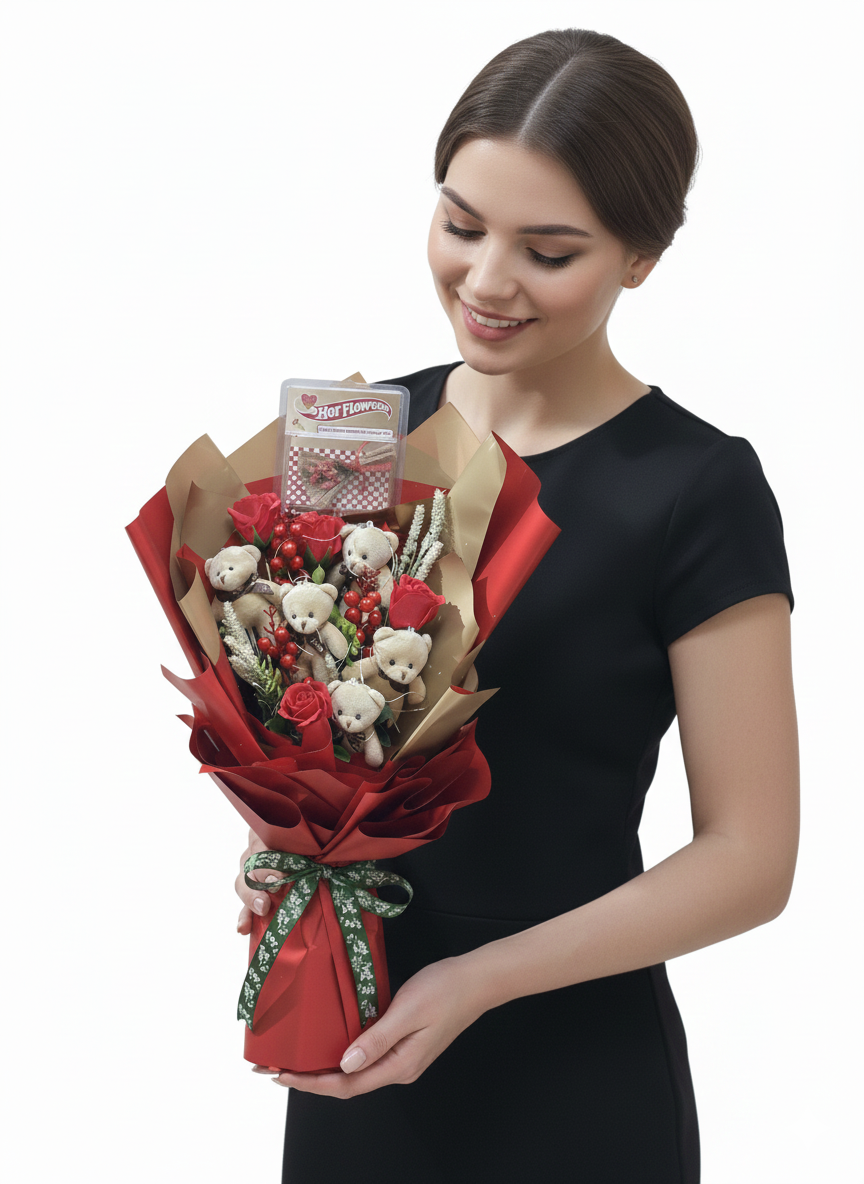 💕 Ayıcıklı & Kırmızı Gül Buketi