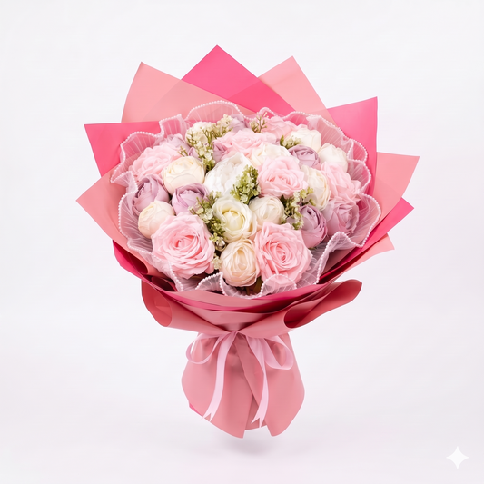 Premium Pembe & Beyaz Gül Buketi | Fuşya Ambalajlı Romantik Özel Gün Çiçeği