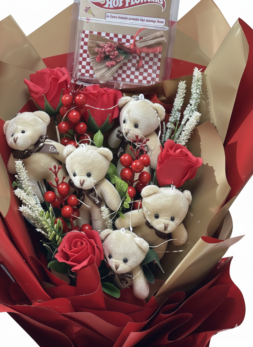 💕 Ayıcıklı & Kırmızı Gül Buketi