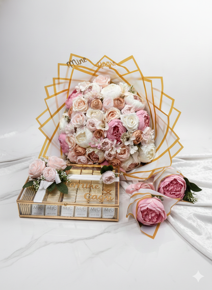 Romantik Şakayık & Gül Aranjmanlı Nişan Buketi ve Çikolata Seti