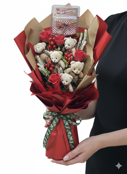 💕 Ayıcıklı & Kırmızı Gül Buketi