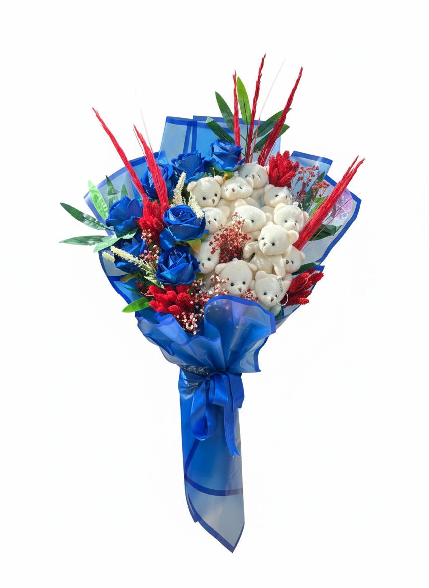 Sonsuz Aşkın Mavi Işıltısı Ayıcıklı Buket