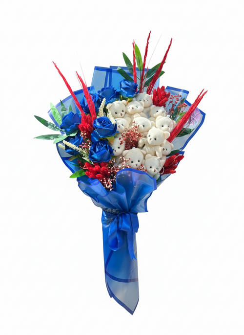 Sonsuz Aşkın Mavi Işıltısı Ayıcıklı Buket