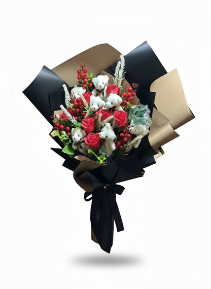Ayıcıklı & Kırmızı Gül Özel Tasarım Buketi – Premium Seri