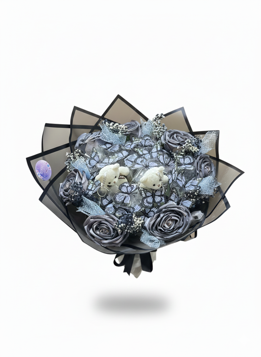 🖤 Ayıcıklı Gri Sabun Gül - Kelebek Buketi