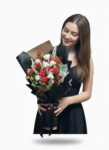 Ayıcıklı & Kırmızı Gül Özel Tasarım Buketi – Premium Seri