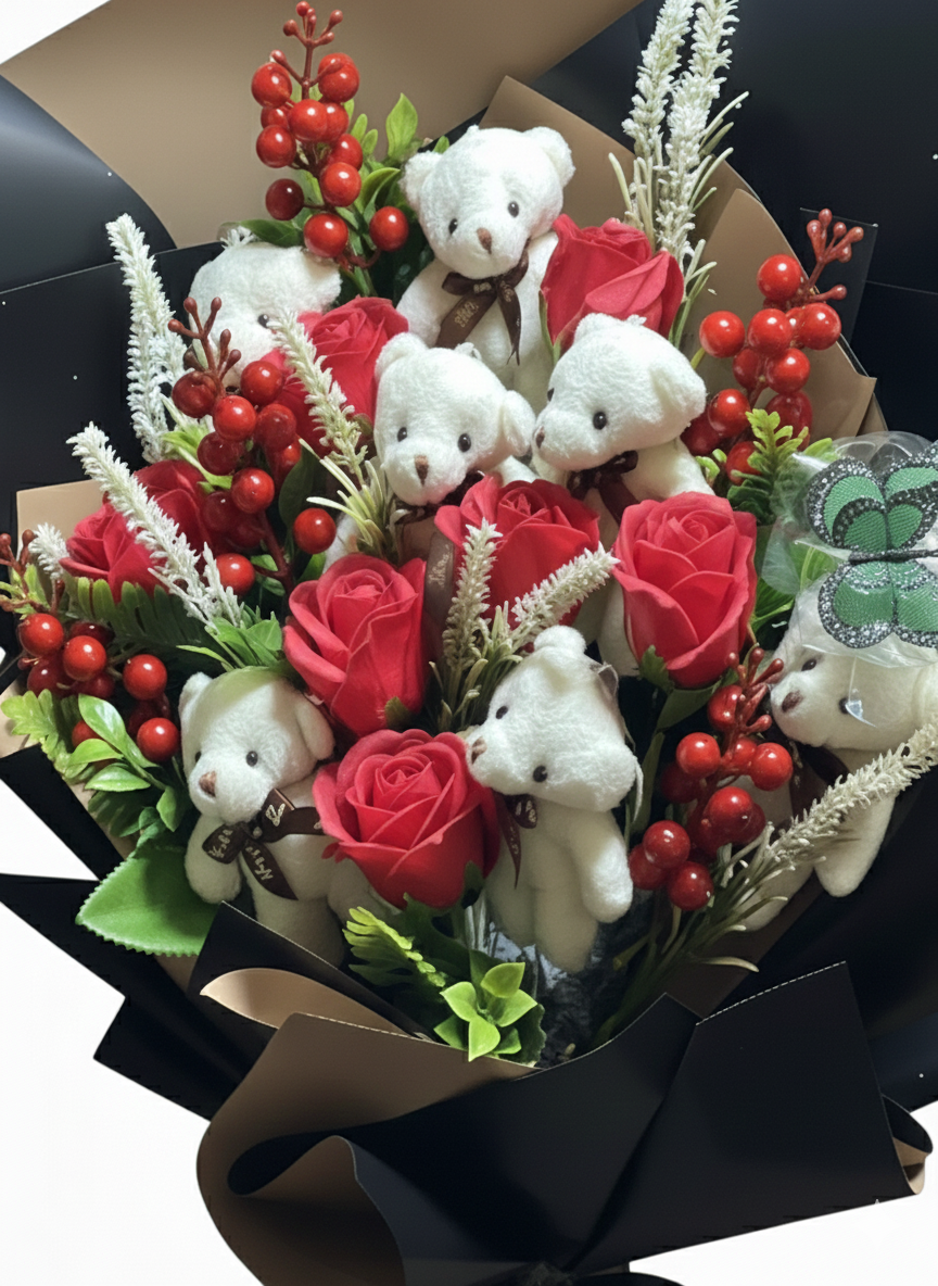 Ayıcıklı & Kırmızı Gül Özel Tasarım Buketi – Premium Seri