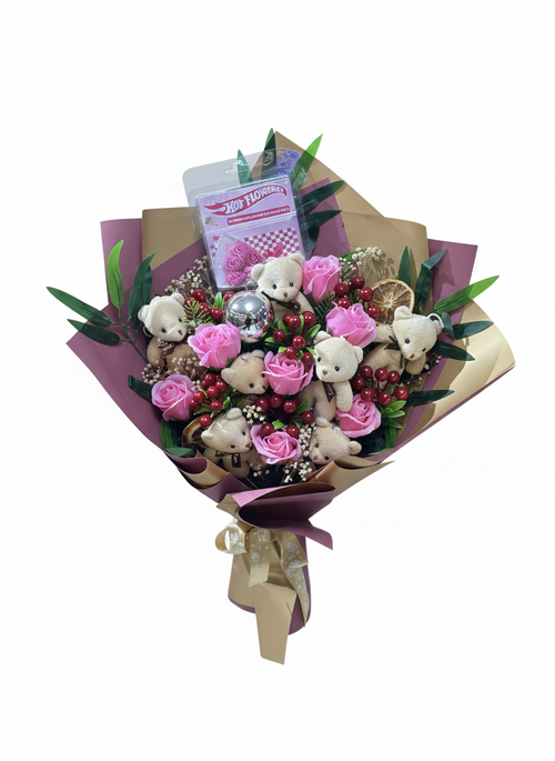 Peluş Ayıcık Detaylı Pembe Gül Buketi – Özel Tasarım Hediyelik Aranjman