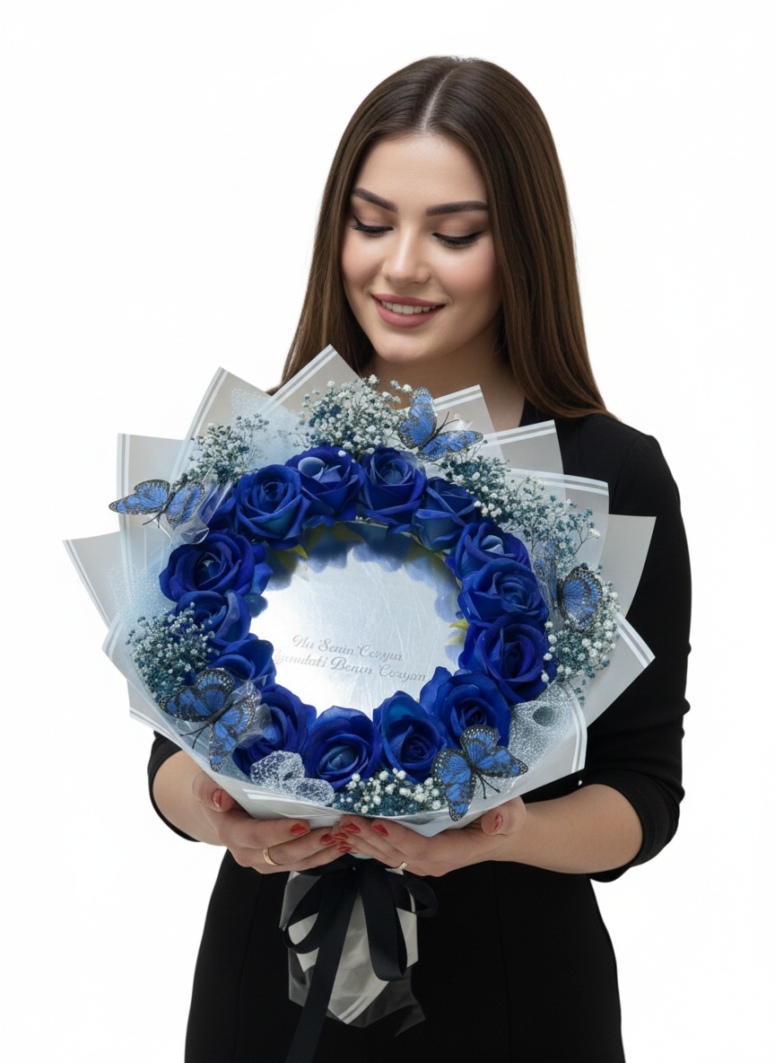 💙 Aynalı Mavi Sabun Gül &amp; Kelebek Detaylı Özel Tasarım Buket – Premium Seri