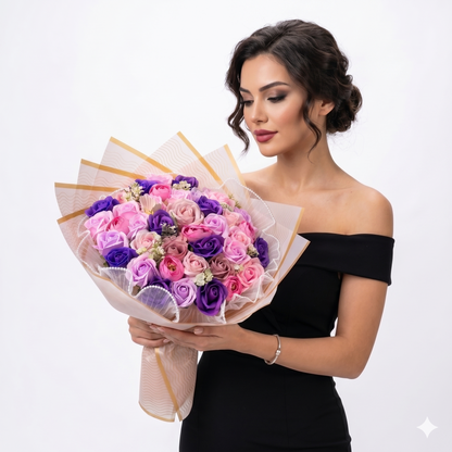 Premium Mor & Pembe Gül Buketi | Lila Detaylı Gösterişli Özel Gün Çiçeği