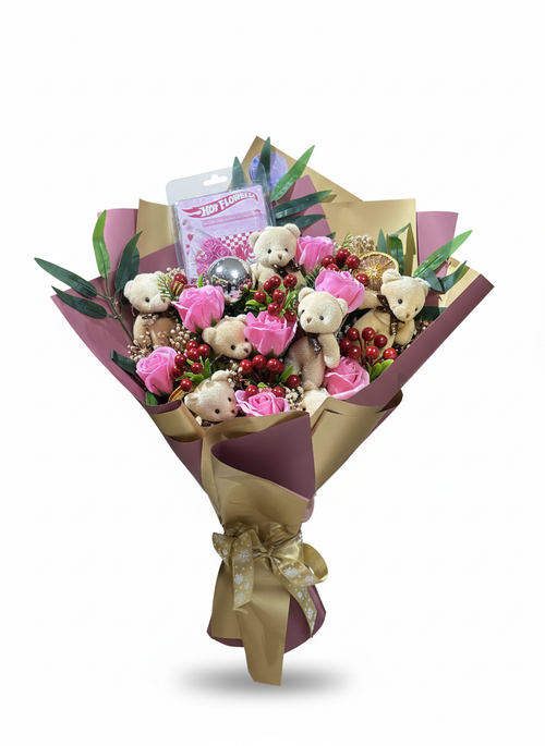 Peluş Ayıcık Detaylı Pembe Gül Buketi