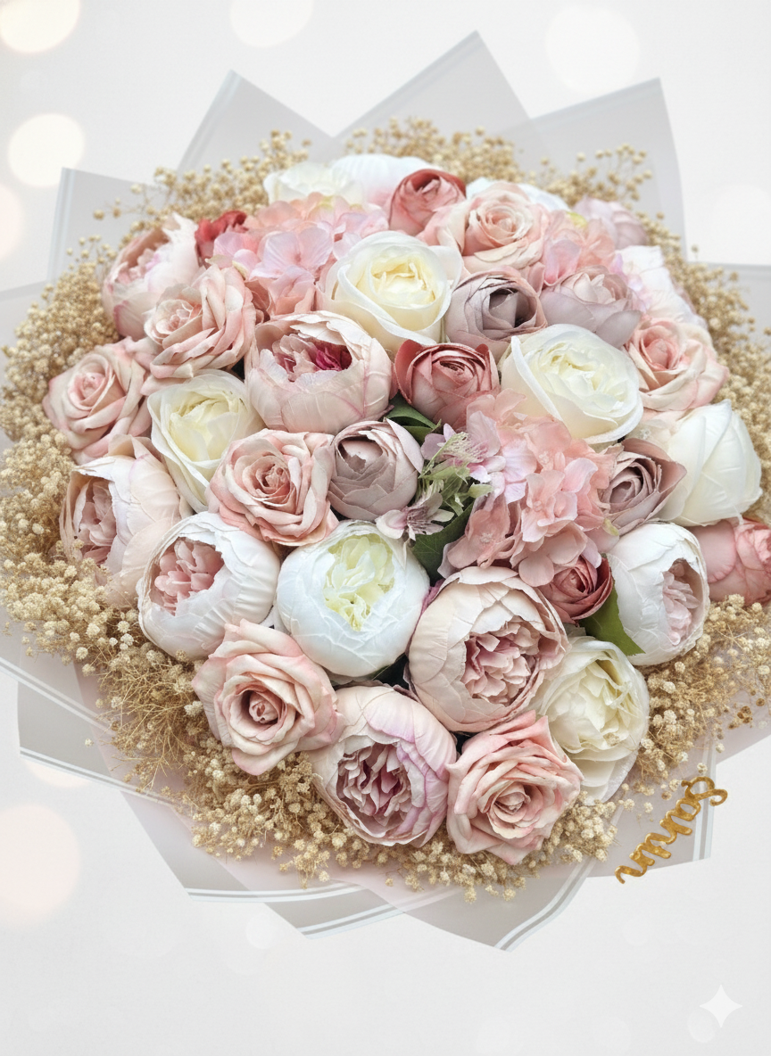 Şampanya Tonlarında Şakayık & Gül Buketi ve Çikolata Seti