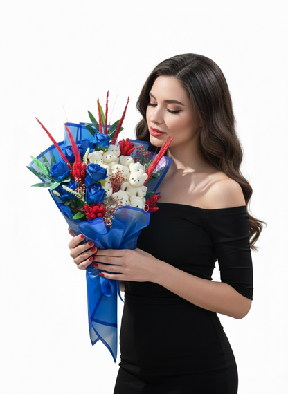 Sonsuz Aşkın Mavi Işıltısı Ayıcıklı Buket