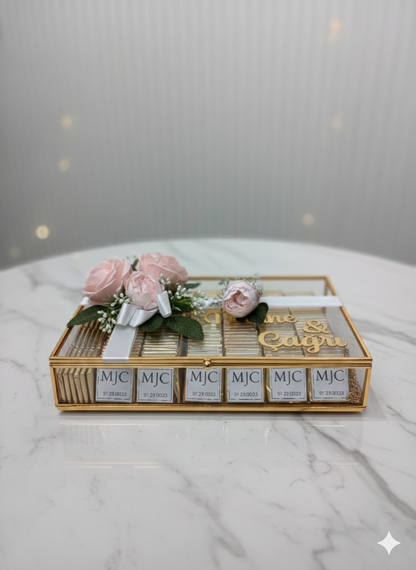 Romantik Şakayık & Gül Aranjmanlı Nişan Buketi ve Çikolata Seti