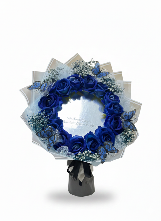 💙 Aynalı Mavi Sabun Gül &amp; Kelebek Detaylı Özel Tasarım Buket – Premium Seri