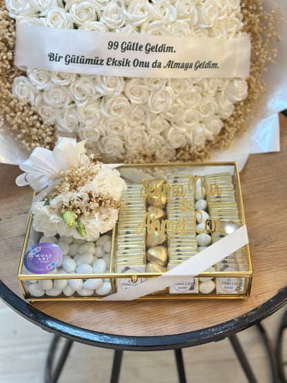 99 Beyaz Gül Aranjmanı & Çikolata Seti