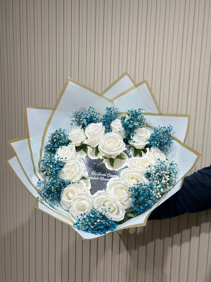 Ayna Buket - Beyaz Gül & Mavi Cipso