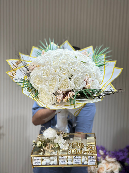 Beyaz Şakayık & Gül Buketi ve Çikolata Seti