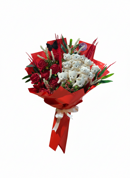 Premium Kırmızı Gül ve Sevimli Peluş Ayıcık Buketi