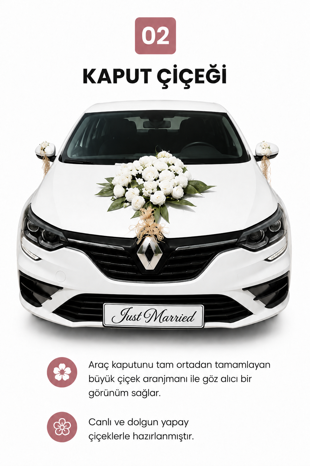 Beyaz Gül Rafya Gelin Arabası Süsleme Seti | Fiyonklu/Fiyonsuz