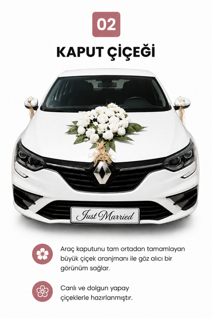 Beyaz Gül Rafya Gelin Arabası Süsleme Seti | Fiyonklu/Fiyonsuz
